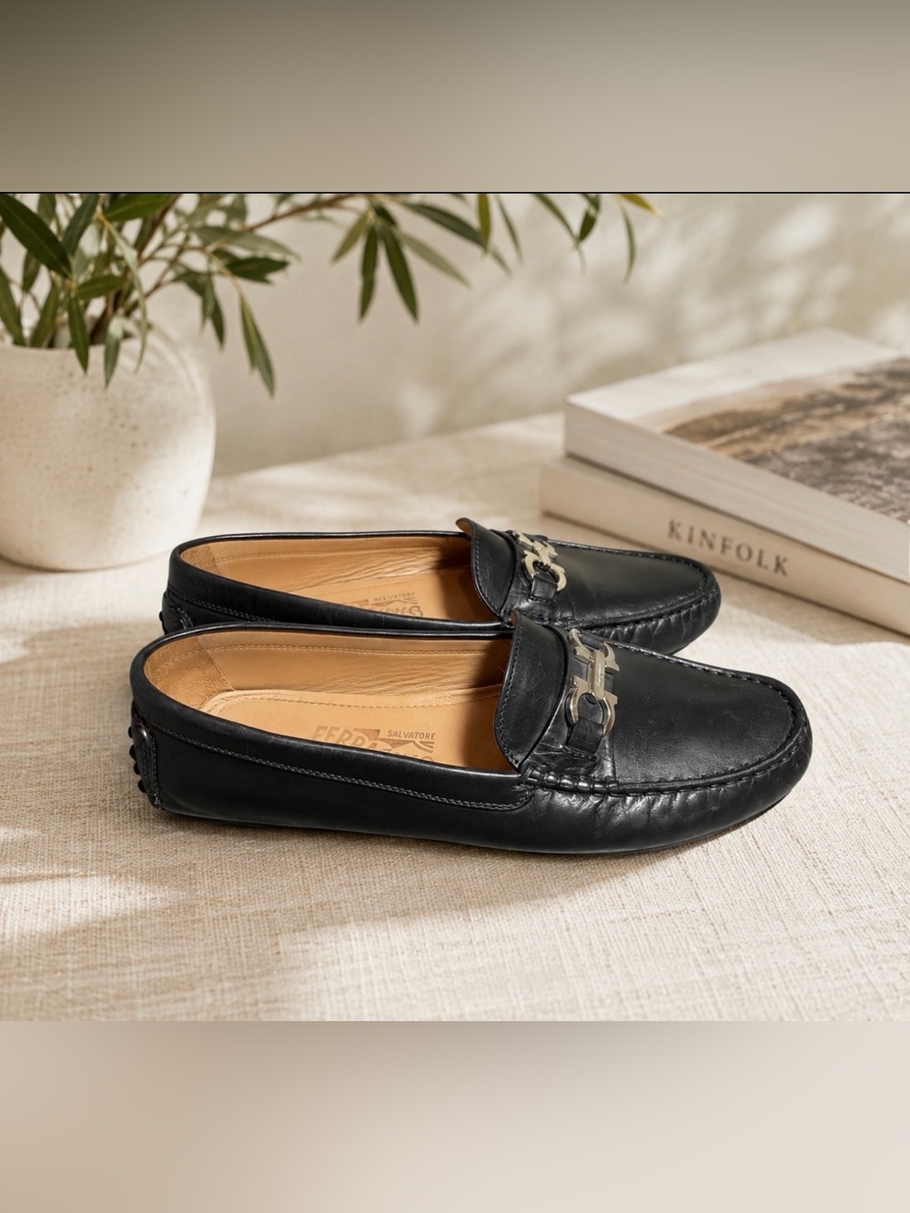 Ferragamo size 7.5 horsebit black driving loafers made in Italy